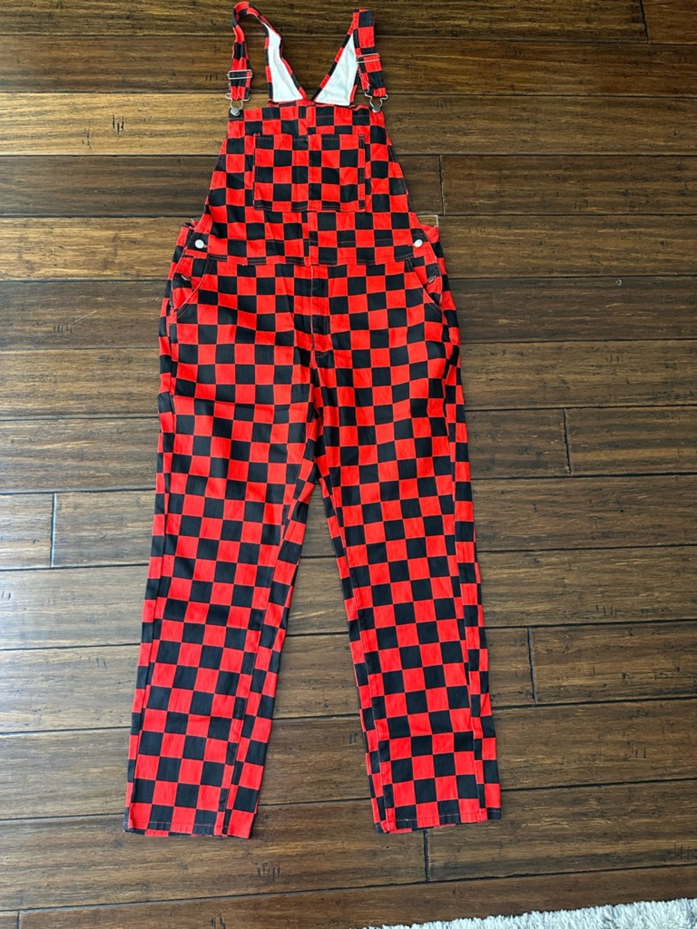 SHEIN Red and Black Checkered Men's  Overalls with Adjustable Straps